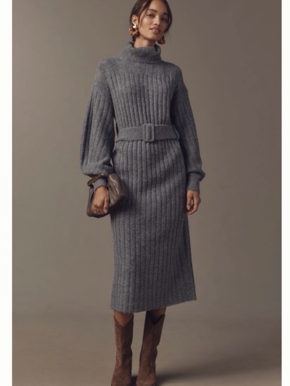 Nwt Ribbed Turtleneck Belted Sweater Dress - Gray